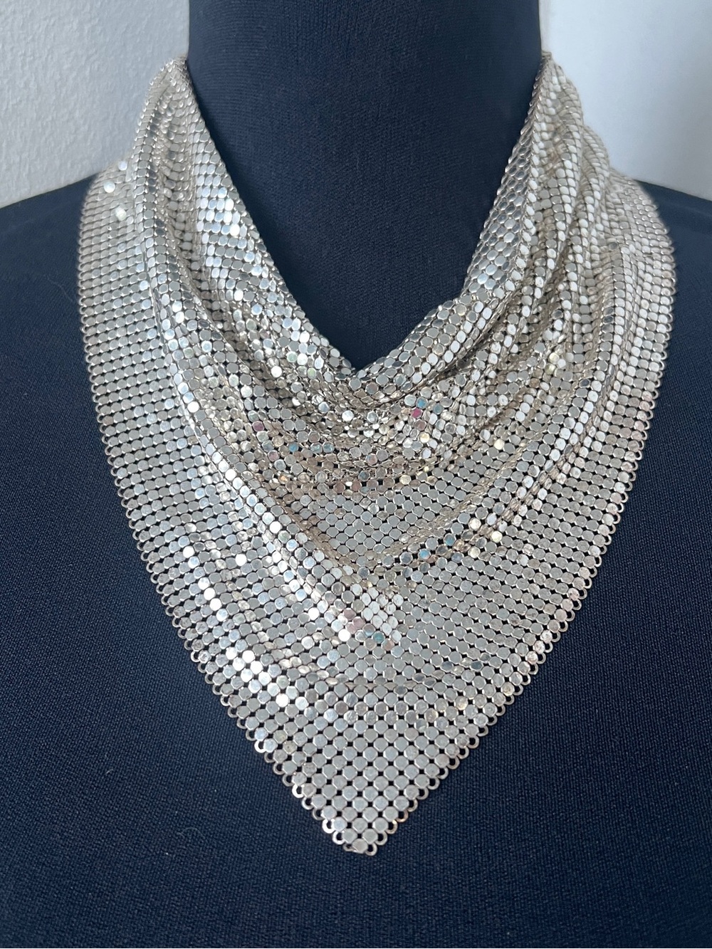 Vintage Signed Whiting & Davis Silver Mesh Necklace Bib Chainmail Scarf